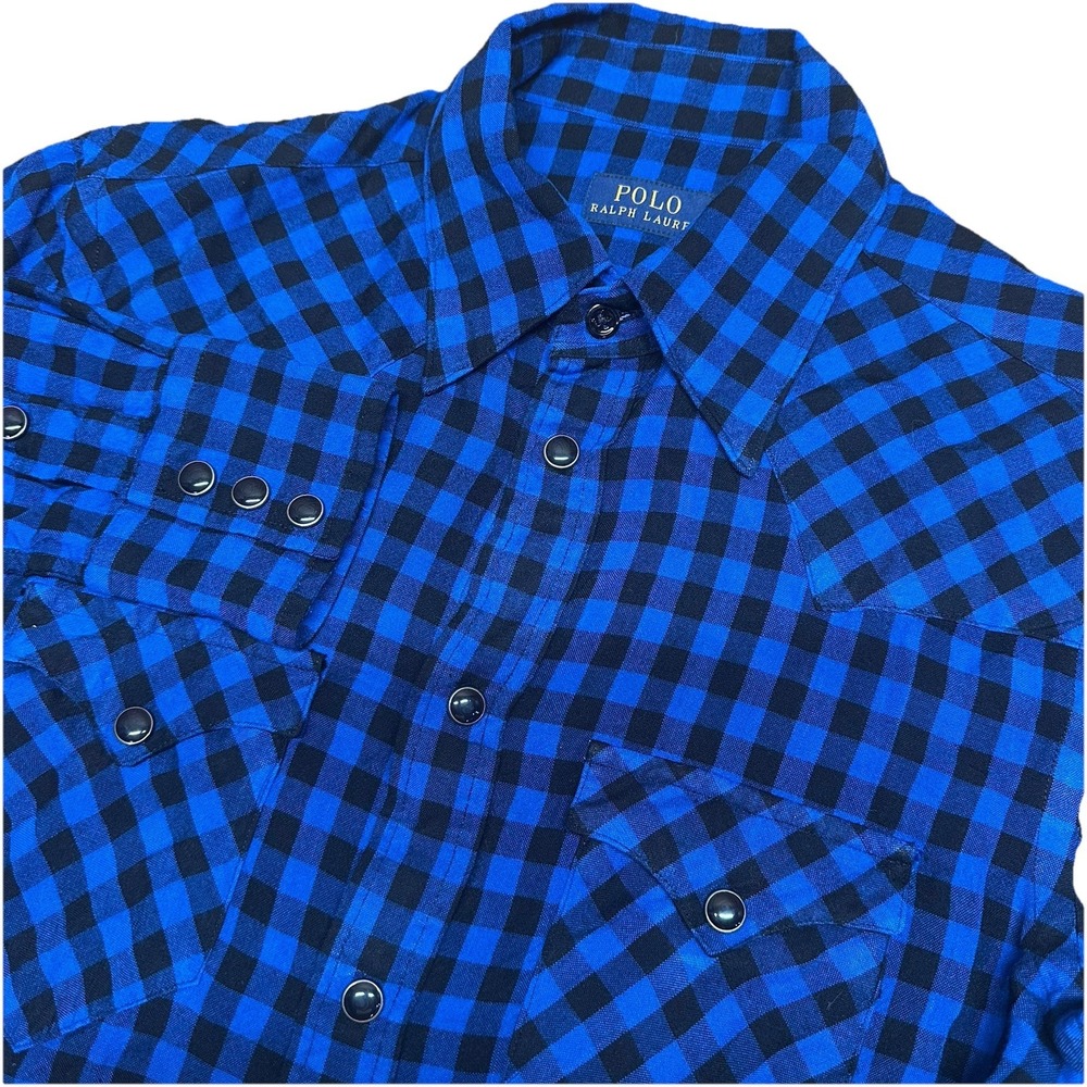 Polo Ralph Lauren Blue Black Plaid Check Pearl Snap Western Shirt Women's 4 Flaw